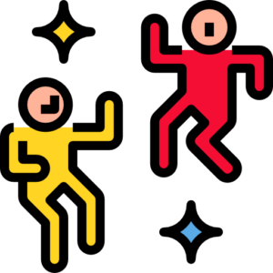 Due omini stile cartone animato che ballano uno giallo e uno rosso